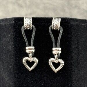 BRIGHTON Silver-plated Heart and Black Cord Dangle Stud Earrings Floral 1-3/8"